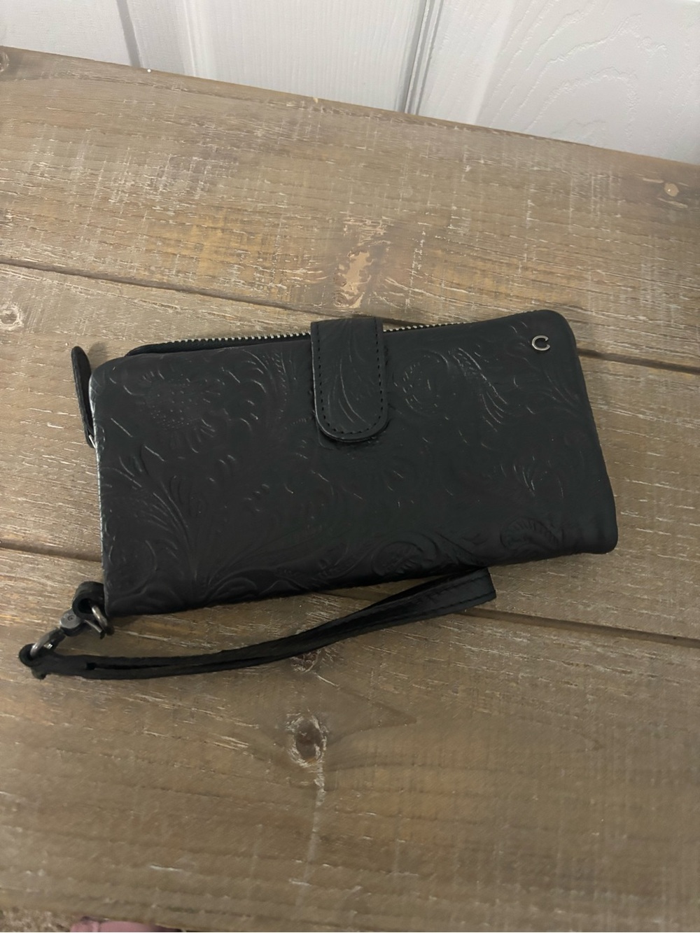 Black Embossed Leather Wristlet Wallet